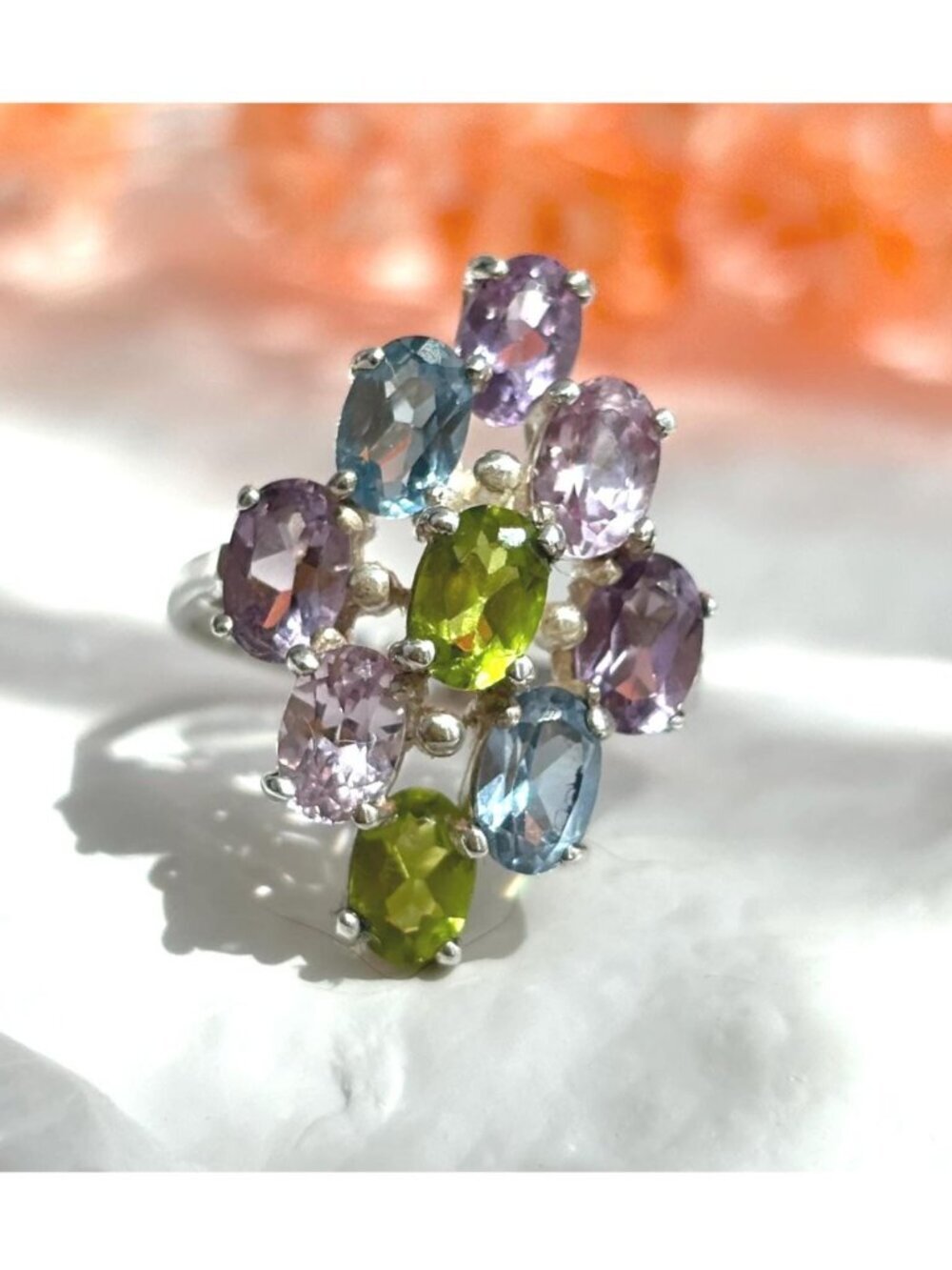 Rainbow Natural Gemstone ClusterSterling Silver 925 Vintage Ring - sz 7